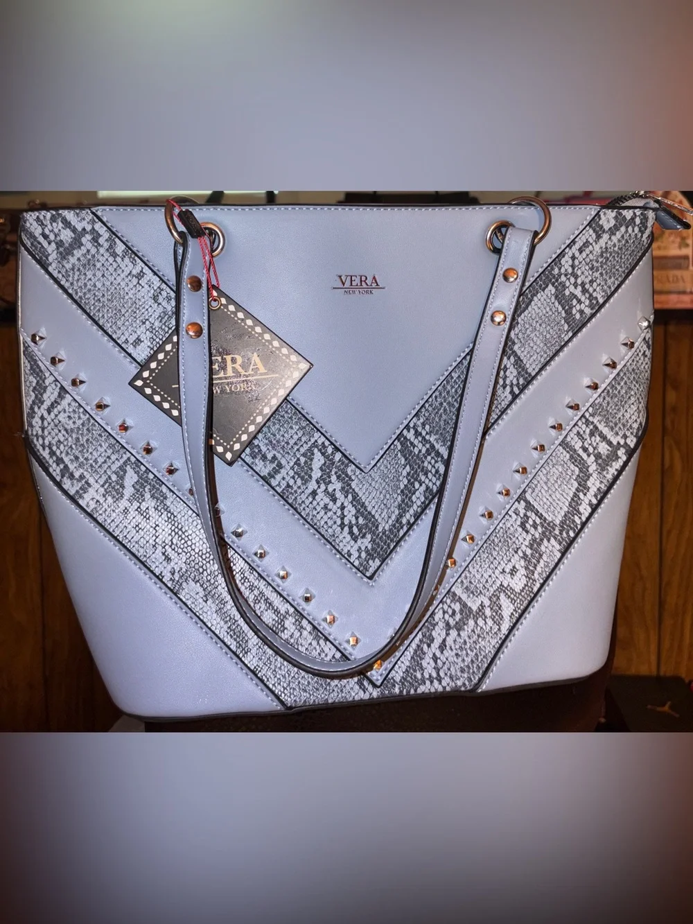 Vera New York NWT Powder Blue Snake-Print Studded Tote